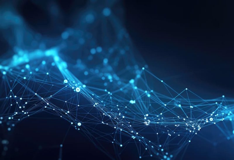 Blue abstract background with a network grid and particles connected. Generative AI AIG21.