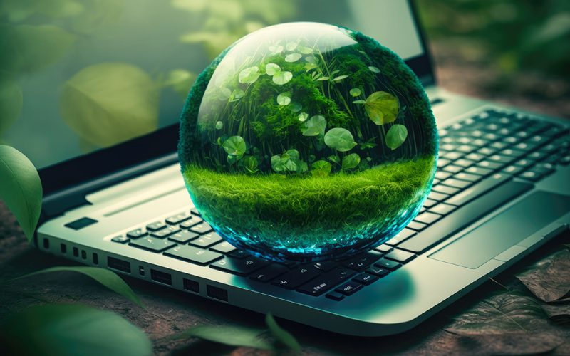 Green Globe and laptop, green bussines concept, generative ai